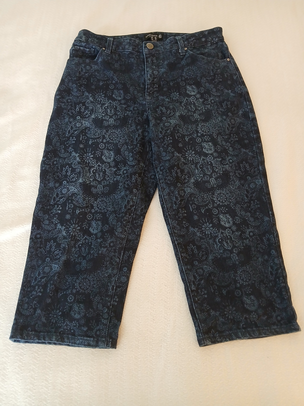 Susan Graver Dark Blue Paisley Floral-Print Relaxed  Capri Jeans